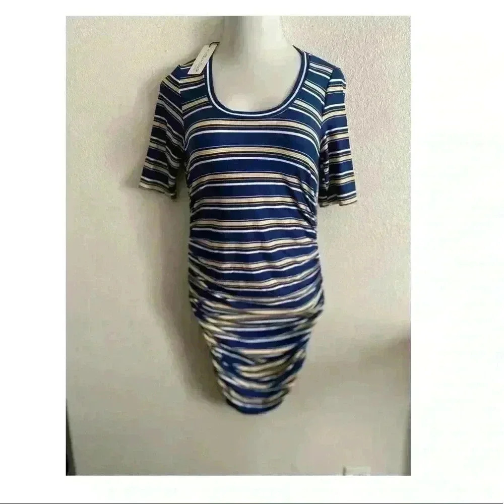 🆕 Mother Bee Maternity Navy Stripe Ruched Dress L🆕 - Picture 4 of 11